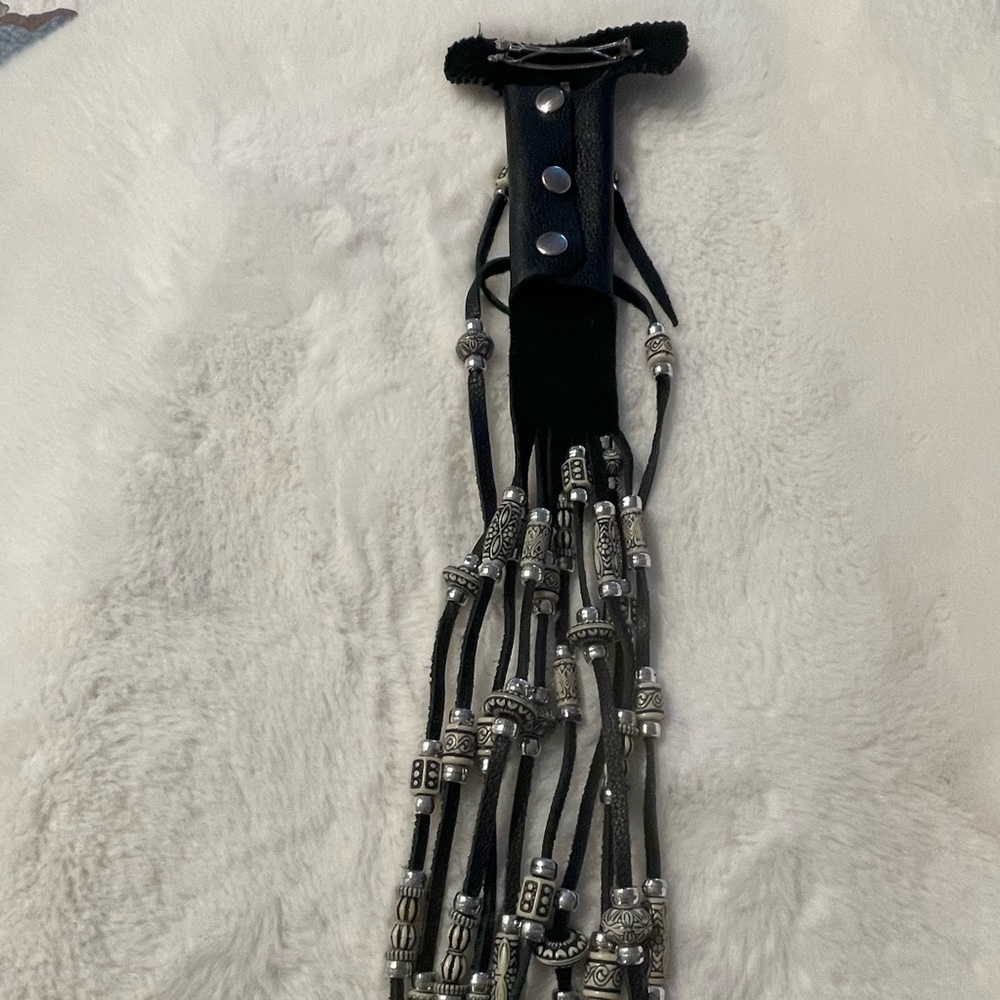 Extra long ( 10 inch) black leather wrap around tube w/ beads and clip